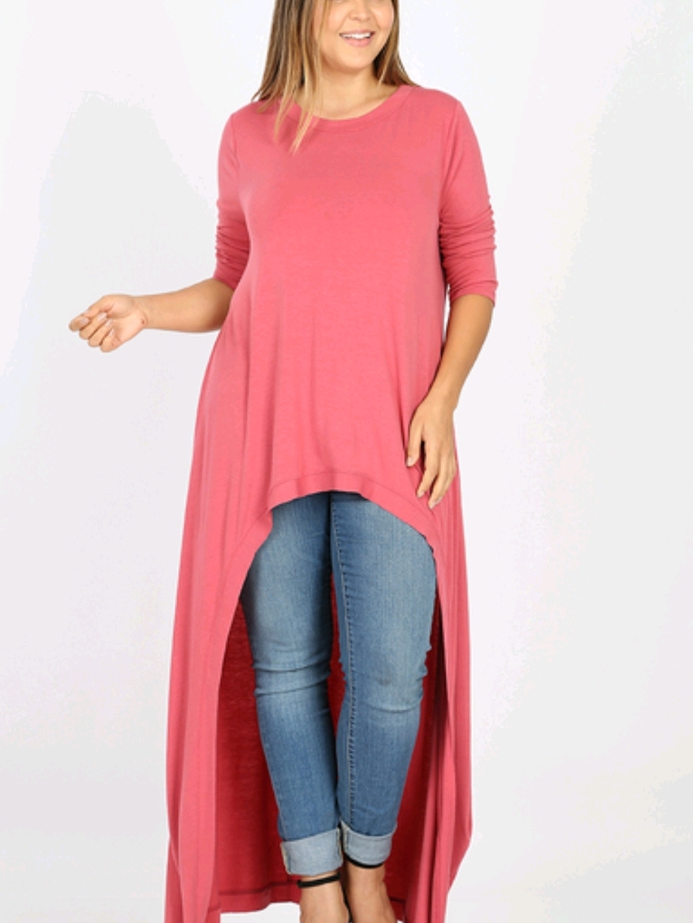 Zenana Outfitters Rose Asymmetric Hi-Low Waterfall Tunic Top | 3/4 Sleeve